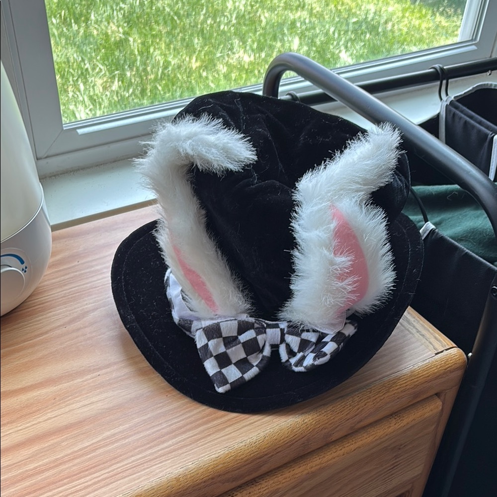 Black and White Rabbit Ear Hat with Checkered Bow
